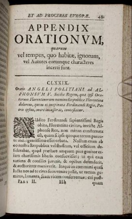 Appendix Orationum, quarum vel tempus, quo habitæ, ignotum, vel Autores eorumque characteres incerti sunt.