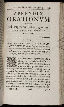 Appendix Orationum, quarum vel tempus, quo habitæ, ignotum, vel Autores eorumque characteres incerti sunt.
