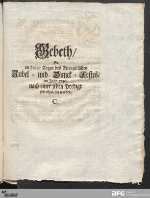Gebeth/ So an denen Tagen des Evangelischen Jubel- und Danck-Festes/ im Jahr 1730. nach einer jeden Predigt soll abgelesen werden
