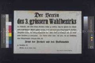 Maueranschlag: Der Verein des dritten größeren Wahlbezirks erklärt sich gegen alle, die zu einem Bürgerkrieg beitragen; Berlin, 21. Oktober 1848