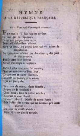 Hymne A La République Française : Air: Vous qui d'amoureuse aventure