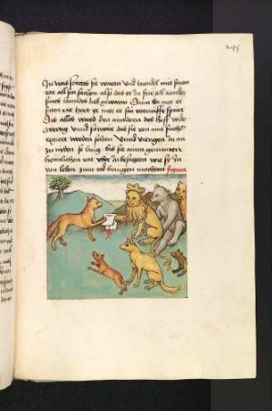 Der vernünftige Fuchs reicht dem Löwenkönig eine Klageschrift; (Kapitel XII: Von dem Löwen und dem Fuchs).