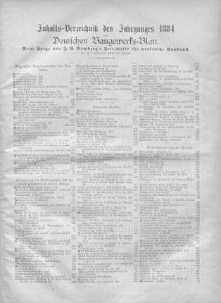 Inhalts-Verzeichniß des Jahrganges 1884 vom Deutschen Baugewerks-Blatt.