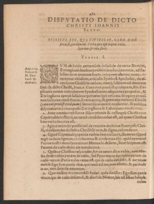 Disputatio De Dicto Christi Ioannis Sexto:
