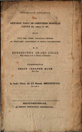 Dissertatio exegetica in secundae Pauli ad Corinthios Epistolae Cap. III. vers. 4 - 18