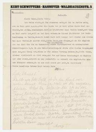 Brief von Helma Schwitters und Kurt Schwitters an Hannah Höch. Hannover. Briefkopf: "KURT SCHWITTERS - HANNOVER - WALDHAUSENSTR. 5"