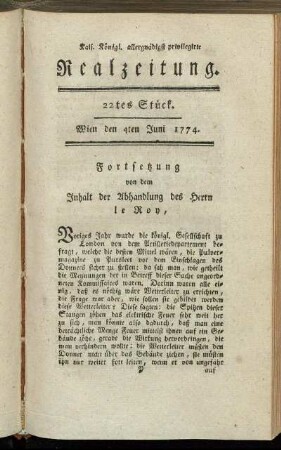 22tes Stück. Wien den 4ten Juni 1774.