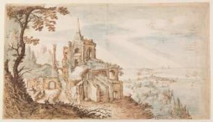 Phantasielandschaft mit Ruine an einer Steilküste