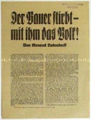 Antisemitische Flugschrift von Erich Ludendorff über die wirtschaftliche Lage der deutschen Bauern