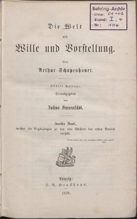 Die Welt als Wille und Vorstellung. Teil 2
