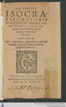 PARAINESIS ISOCRATIS ORATORIS DISERTISSIMI SERMO ADMONITORIVS, AD DEMOnicum