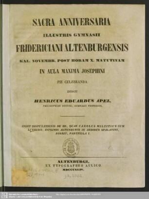 1844: Sacra anniversaria illustris Gymnasii Fridericiani Altenburgensis ... rite celebranda indicit