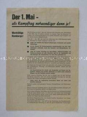Propagandaflugblatt mit dem Aufruf verschiedener Hamburger Verbände und Initiativen zu Kundgebungen am 1. Mai u.a. gegen den Vietnam-Krieg