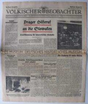 Tageszeitung "Völkischer Beobachter" u.a. zur Regierungskrise in der Tschechoslowakei und zur Kennzeichnung von "Ware aus arischer Hand"
