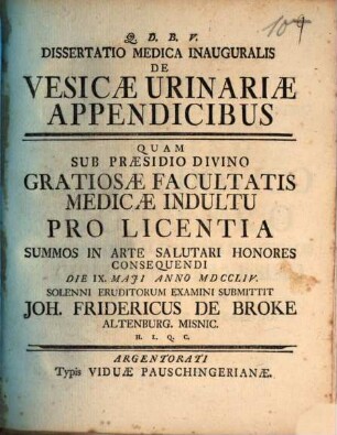 Dissertatio Medica Inauguralis De Vesicae Urinariæ Appendicibus