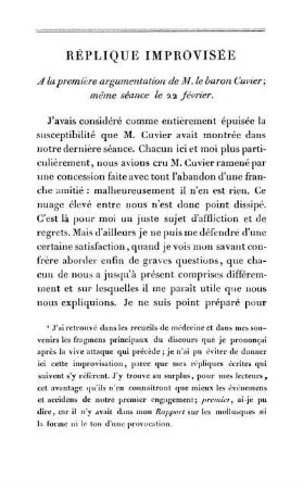 Réplique Improvisée A la première argumentation de M. le baron Cuvier; même séance le 22 février