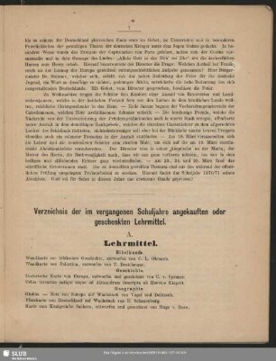 Verzeichnis der im vergangenen Schuljahre angekauften oder geschenkten Lehrmittel