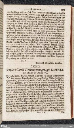 CXXXIX. Kaysers Caroli VI Verordnung wegen des Reichs-Hof-Raths de Anno 1714