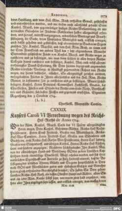 CXXXIX. Kaysers Caroli VI Verordnung wegen des Reichs-Hof-Raths de Anno 1714