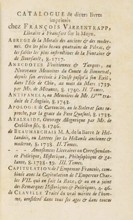 Catalogue de divers livres imprimés chez François Varrentrapp, ...