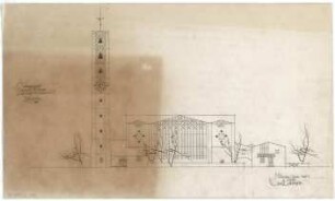 Gsaenger, Gustav; München - Fürstenried; Ev. Andreas Kirche, Pfarrhaus und Siedlung Fürstenried 2 - Vorprojekt Südseite (Ansicht)