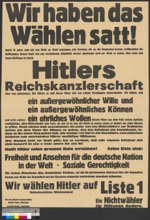 Wahlplakat der NSDAP zur Reichstagswahl am 5. März 1933 mit Aufruf zur Stimmabgabe für Adolf Hitler an die Nichtwähler