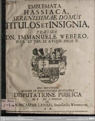 Emblemata Hassiaca, Serenissimae Domus Titulos Et Insignia