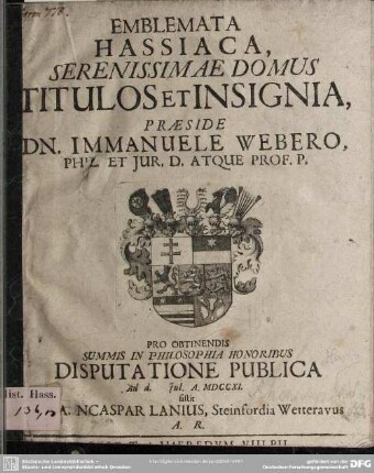 Emblemata Hassiaca, Serenissimae Domus Titulos Et Insignia