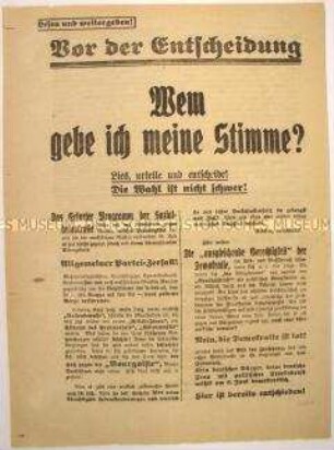 Programmatischer Wahlaufruf der Deutschnationalen Volkspartei gegen das Programm der Sozialdemokratie.