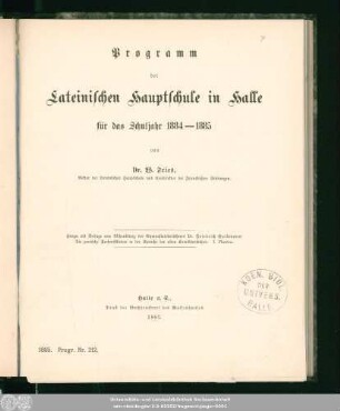 1885: Programm der Lateinischen Hauptschule in Halle : für d. Schuljahr ...