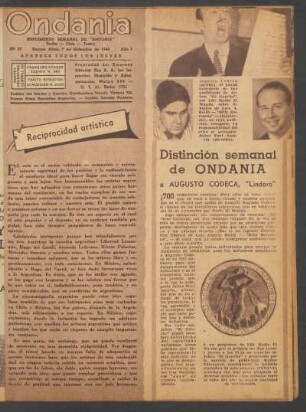 Distinción semanal de Ondania a Augusto Codecá, "Lindoro"