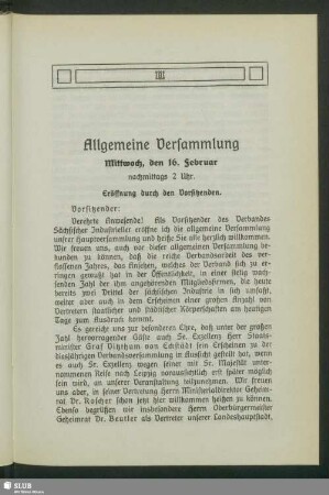 Allgemeine Versammlung Mittwoch, den 16. Februar nachmittags 2 Uhr