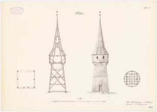 Holzkirche, Lübow: Turm: Ansicht, Schnitt, Grundriss 1:100 (aus: Die Holzkirchen und Holztürme der preußischen Ostprovinzen)