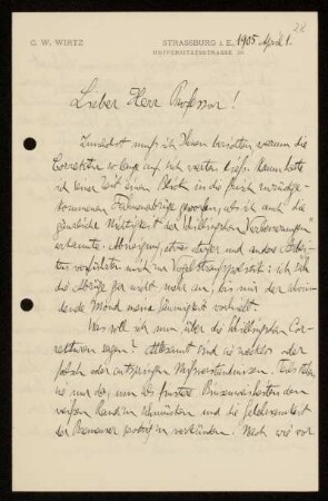 Nr. 28 Brief von Carl Wilhelm Wirtz an Karl Schwarzschild. Straßburg, 1.4.1905