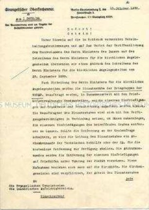 Geheimes Rundschreiben des Evangelischen Oberkirchenrates zum Erlass über die Erfassung eiserner Eisengittern und Grabkreuze