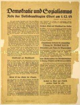 Flugblatt mit Auszug aus dem "Vorwärts" Nr. 331 vom 2.12.1918 mit dem Wortlaut der Rede Friedrich Eberts über Demokratie und Sozialismus am Vortag