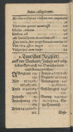 2. Teutsches Register/ auff den Verstand/ Inhalt und nützlichen Gebrauch der Sprüchwörter und Reime gerichtet.