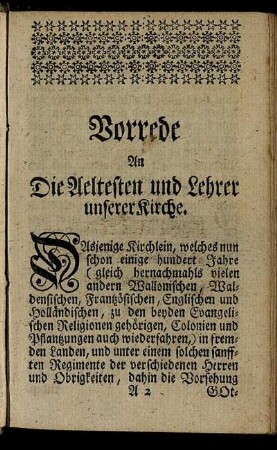 Vorrede An Die Aeltesten und Lehrer unserer Kirche.