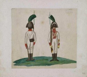 Gemeiner vom sächsischen Infanterie-Regiment König (links) und Schützen-Unteroffizier vom sächsischen Infanterie-Regiment Niesemeuchel (rechts), Sachsen, um 1809
