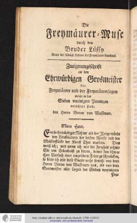 Die Freymäurer-Muse durch den Bruder Lüssn Ritter des Königl. Ordens der Freymäurer-Baukunst.