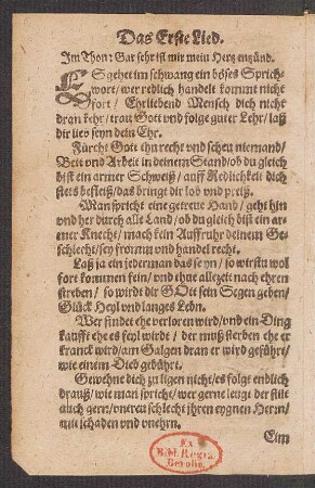 Das Erste Lied. Jm Thon: Gar sehr ist mir mein Hertz entzünd.