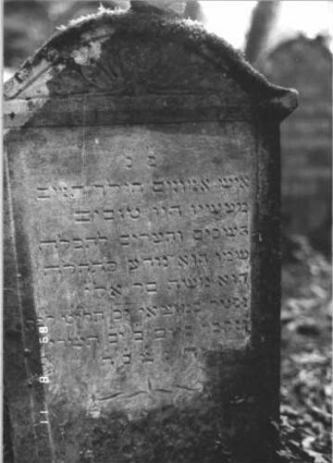 Grabstein 403 (Index: 99799624) Material: Sandstein Zustand: verwittert Maße HxBxT: 85x51x7 cm Beschreibung: Stele, Abdeckplatte, geschwungen eingezogener Segmentbogenaufsatz, Schriftfeld eingetieft Symbolik: floral: Grabstein 403 (Detailaufnahme)