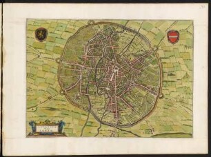 Stadtplan von Löwen, 1: 8500, kolorierter Kupferstich, um 1657 : Lovanium Vulgo Loven. - [Ca. 1:8.500] / [Amsterdam] : [Ioannes Ianssonius], [1657]. - 1 Vogelschaukarte : Kupferst. ; 48,0 x 34,1 cm. - Mit 2 Wappem. - Vermutl. aus: Theatrum Urbium Celebriorum totius Belgii Sive Germaniae Inferioris [Theatrum / 3] / Jansson, Jan. - Amstelodami//Amsterdam : Ioannes Ianssonius, 1657