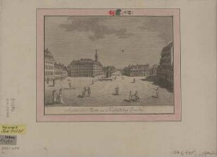Ansicht des Neustädter Marktes zu Dresden in Richtung Hauptstraße, Kupferstich, 1778 : Ansicht des Markts zu Neustadt beÿ Dresden / C. G. Lang=Wagen del. - [Dresden] , 1778. - 1 Kunstbl. : Kupferstich ; 23 x 16 cm