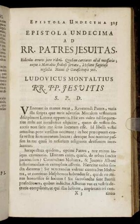 Epistola Undecima. Ad RR. Patres Jesuitas. Ridiculos errores iure rideri ...