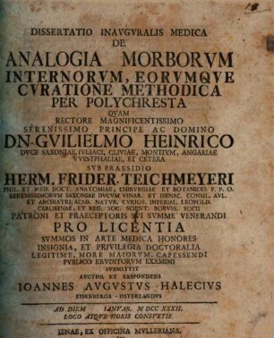 Diss. inaug. med. de analogia morborum internorum, eorumque curatione methodica per polychresta