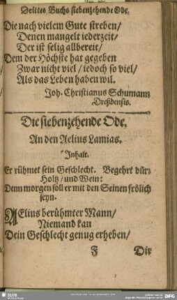 Die siebenzehende Ode. An den Aelius Lamias