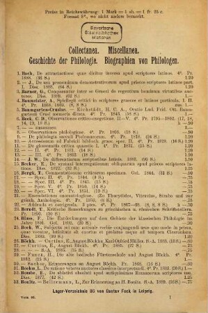 Lager-Verzeichnis ..., 86. Catalogus dissertationum philolog. classicarum ; particula III., Philologische Hilfswissenschaften, Epigraphik u. Linguistitk der klassischen Sprachen