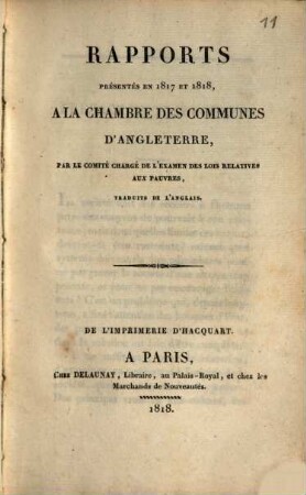 Rapports presentés en 1814 et 1817 à la Chambre des Communes d'Angleterre