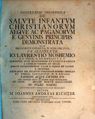 Dissertatio Theologica De Salvte Infantvm Christianorvm Aeqve Ac Paganorvm E Genvinis Principiis Demonstrata